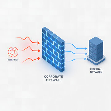 Corporate firewall protecting internal network from internet traffic with secure data flow with securely directing filtered firewall blocking external