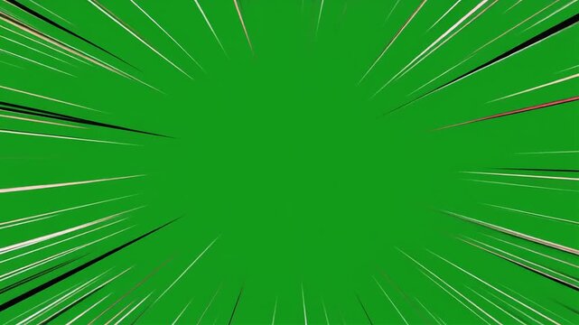 Vibrant green background features radial speed lines in a comic book or manga style.