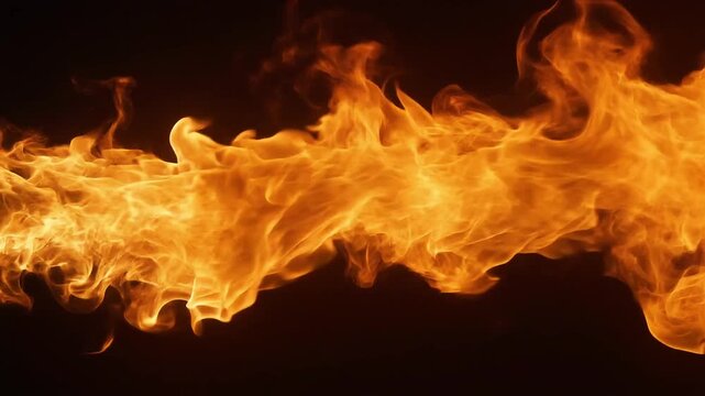 Intense orange and yellow flames swirl against a dark background in a cinematic close-up.