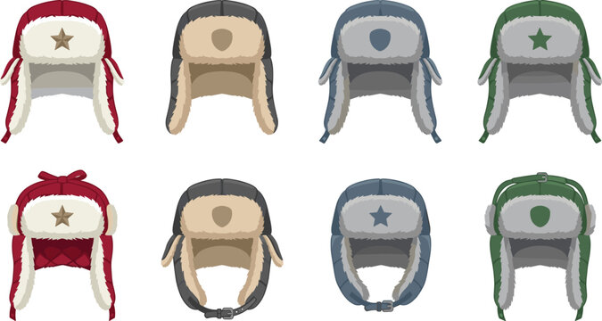 Winter Ushanka Flaps Hat Vector Set Featuring Russian Trapper Caps with Fur Trim Star and Shield Badge Insignia Elements