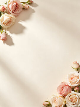 Soft aesthetic background featuring delicate pale pink and cream rose flower clusters arranged on corners for elegant wedding invitations