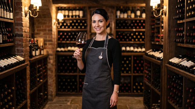 Female sommelier holding wine glass in elegant wine cellar