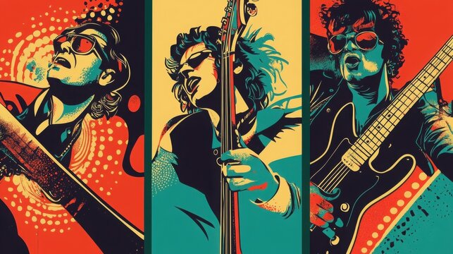 Musicians playing electric guitars in a high-energy performance are captured in a stylized pop art composition that emphasizes the rhythmic intensity and vibrant culture of live rock and roll music.