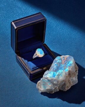 Opal ring and rough gemstone display