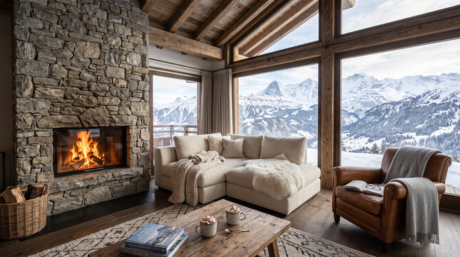 Luxury alpine living room with stone fireplace and panoramic snow-capped mountain views through floor-to-ceiling windows