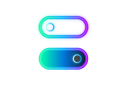 Neon Gradient Toggle Switch On and Off Set, Green Blue Purple Glow Isolated on Transparent Background