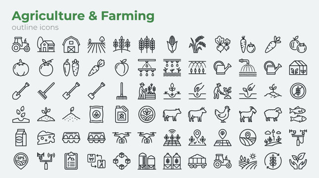 An organized grid of 88 monochrome line icons depicting agriculture farming crops livestock and machinery
