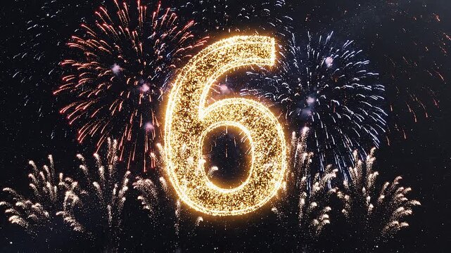 Golden Birthday Number 6 with Fireworks, Gold Particle Animation