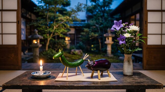 Traditional Japanese Obon festival decorations featuring cucumber horse and eggplant cow figures on a wooden table with flowers and a lit candle at dusk