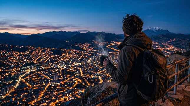 A person stands on a mountain overlooking a vibrant cityscape at dusk, holding a steaming mug. Concept of adventure, exploration, travel, cityscape, leisure, and inspiration. Generative AI.