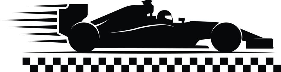 Obraz premium Formula racing car silhouette speeding on checkered track during a race concept for speed and competition