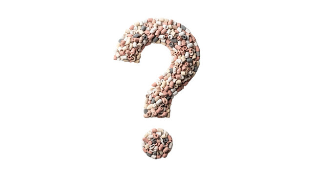 Question mark symbol made of small pebbles, textured stone interrogation point on white background, natural rock mosaic punctuation sign