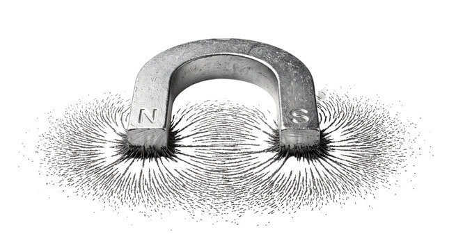 Vintage horseshoe magnet with iron filings, magnetic field lines visualization on white background, scientific physics experiment concept