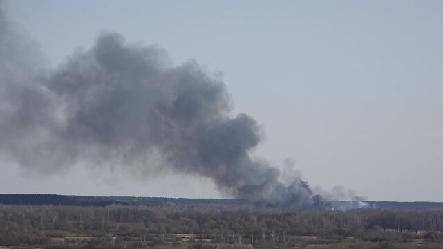 Dense black smoke plume rising from forest fire horizon against clear blue sky environmental disaster scene, widespread combustion causing air pollution over rural landscape during daylight copy space