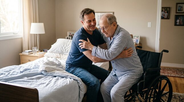 Elderly man in wheelchair hugging younger man in bedroom.