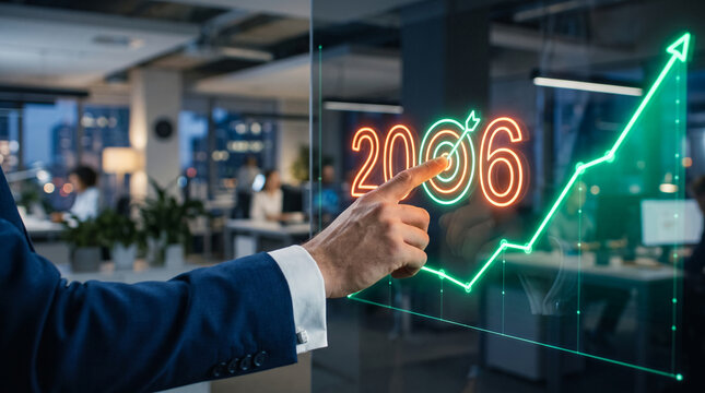 Hand pointing at neon graph showing growth and year 2006, symbolizing business success and future projection, ideal for corporate display.