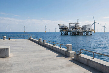 Fototapeta premium Conceptual illustration of an offshore substation platform and wind farm seen from a concrete pier