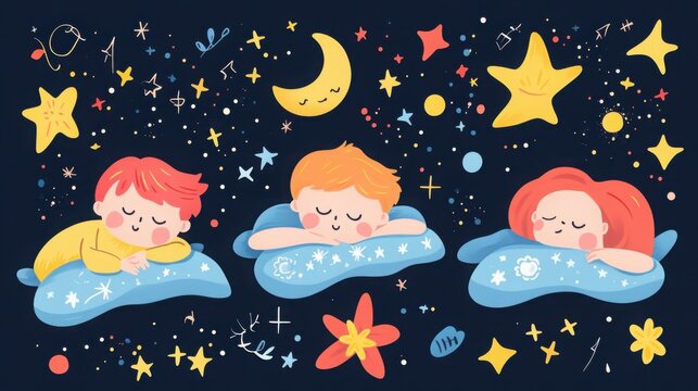 Children sleeping soundly on individual clouds beneath a vast night sky filled with bright twinkling stars and a glowing crescent moon, representing a peaceful and imaginative dreamland adventure.