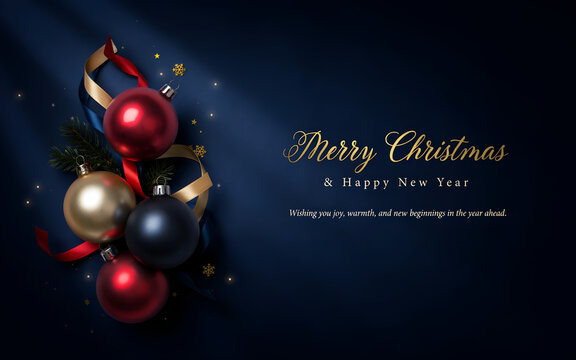 Red, Gold and Dark blue Christmas decoration balls with satin ribbons on dark background. Merry christmas and happy new year greeting card with copy space for,Festive Celebration & Decorative Design 