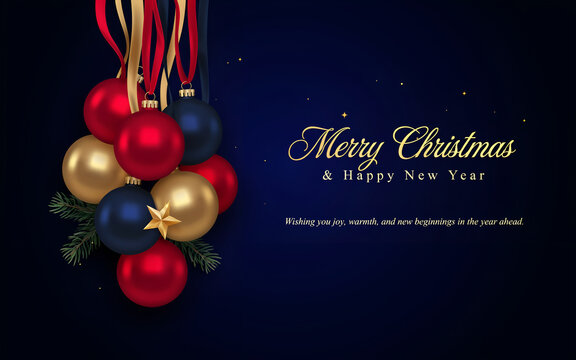 Red, Gold and Dark blue Christmas decoration balls with satin ribbons on dark background. Merry christmas and happy new year greeting card with copy space for,Festive Celebration & Decorative Design 