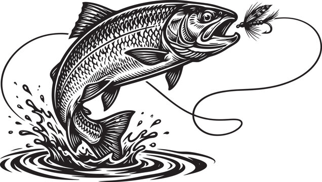 Jumping fish illustration with fly and fishing line black and white