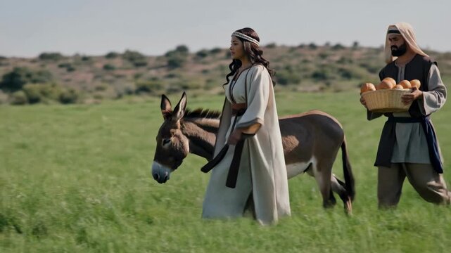 Ancient Middle Eastern desert scene inspired by the Bible, featuring Abigail traveling with servants bearing offerings during her encounter with David