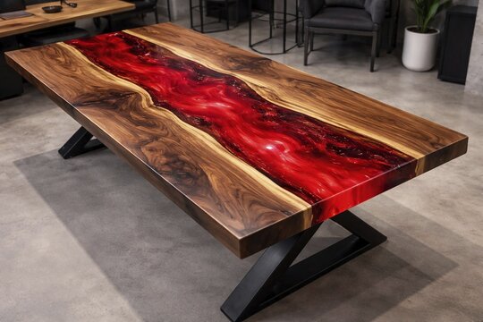 Modern dining table with bright red epoxy resin flow and sturdy legs, DIY, hobby epoxy resin casting, colorful resin table, AI generated