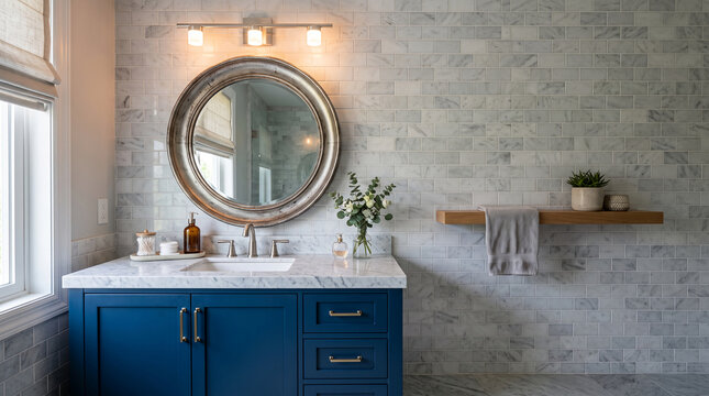 Modern bathroom vanity with blue cabinetry, marble countertop and subway tile backsplash, featuring a round mirror, sink, and light fixture, symbolizing clean design and luxury