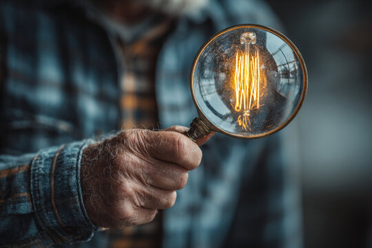 Close up male hand holding vintage magnifying glass focusing on bright glowing vintage edison light bulb inside, creative business problem solving innovative idea discovery and search concept visual.