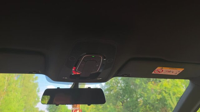 Car interior shows overhead console, green indicator light, communication controls, sun visors, rearview mirror, bright day outdoor view, green trees, blue sky through windshield