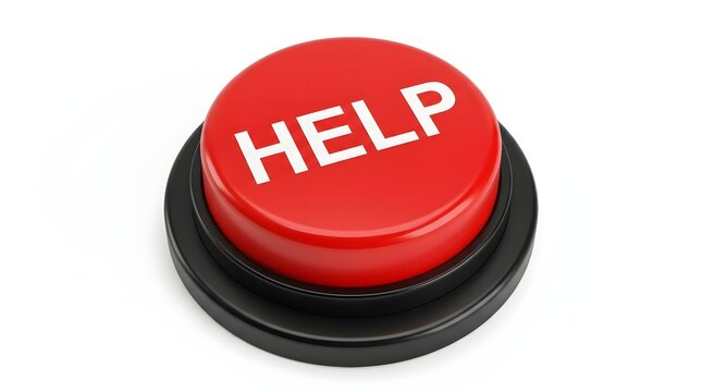 Push button with the word help written in white text for emergency support or customer service assistance