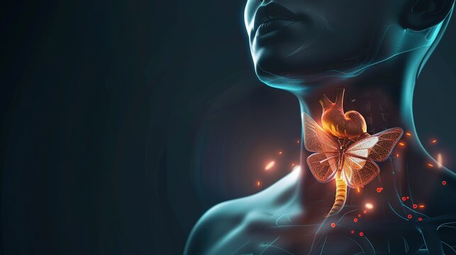 3D render of Hashimoto's thyroiditis female silhouette frosted glass glowing butterfly thyroid gland inflammatory light