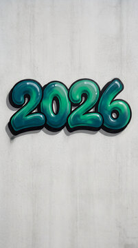 Teal graffiti numbers "2026" on a textured white wall, representing a new year and urban art style