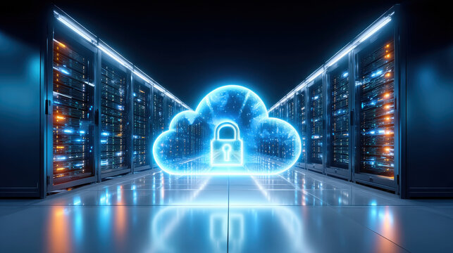 Secure cloud concept with glowing padlock in data center aisle conveying enterprise cloud security and protected storage