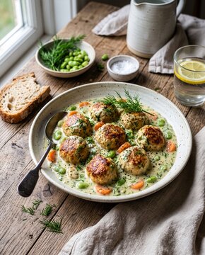 Turkey meatballs with fava beans and carrots in a creamy dill sauce