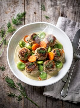 Turkey meatballs with fava beans and carrots in a creamy dill sauce