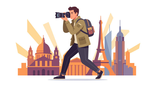 Travel photographer with camera taking photos of famous world monuments and city landmarks illustration