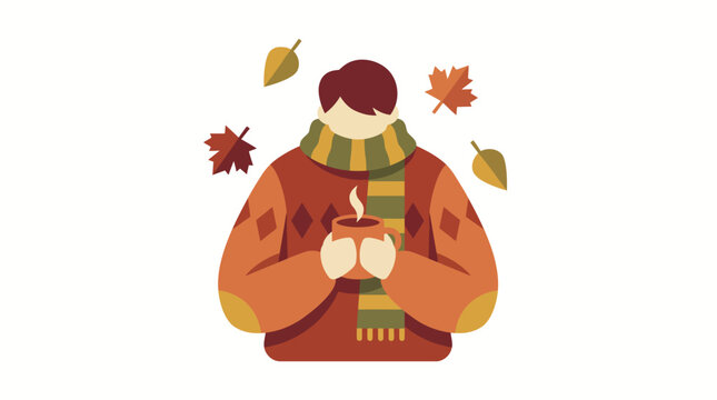 Cozy man wearing sweater and scarf holding hot coffee mug in autumn with falling leaves vector illustration