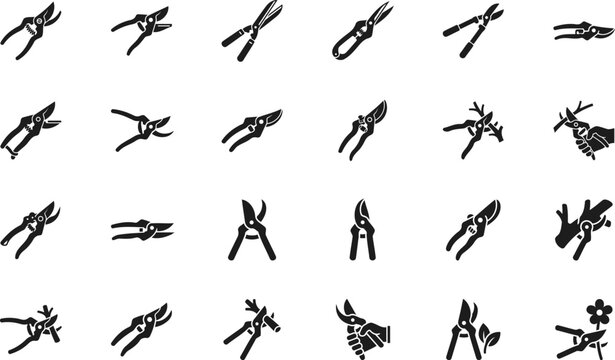 Garden pruning shears icon set featuring secateurs branch cutters and gardening equipment