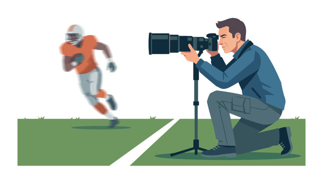 Sports photographer with telephoto camera taking photo of running American football player on field