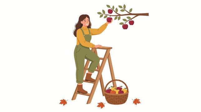 Woman on a ladder picking fresh apples from a tree in autumn harvest season vector illustration