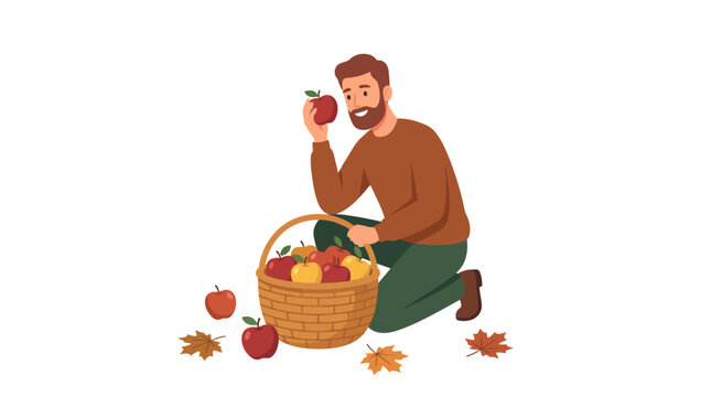 Happy bearded man harvesting fresh red and yellow apples into a wicker basket in autumn