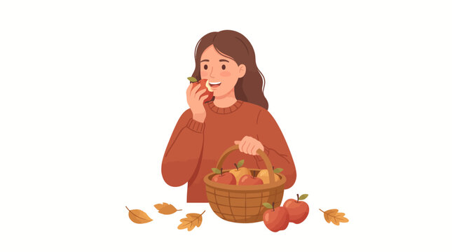 Happy Young Woman Eating Fresh Red Apple and Holding Harvest Fruit Basket in Autumn
