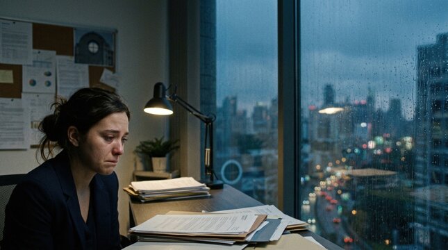 Sad female employee crying at office desk surrounded by paperwork near window overlooking rainy city at night