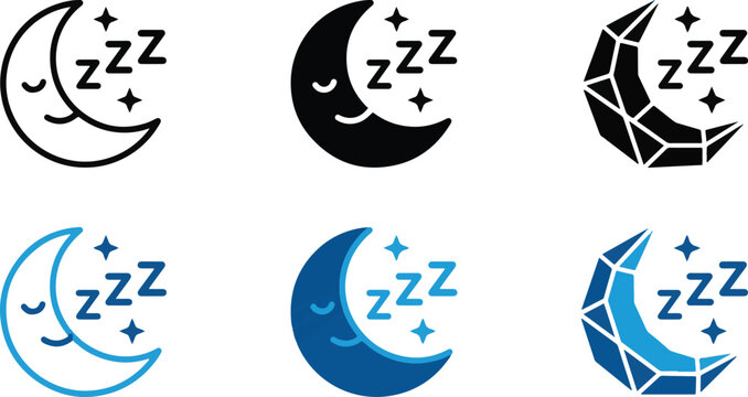 Sleeping moon zzz icon set with crescent stars bedtime rest relaxation nap and night dream symbols in blue black vector illustration