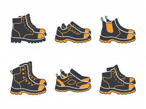 a collection of six black and orange vector icons featuring industrial safety boots and shoes