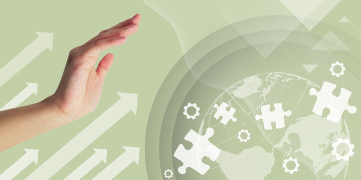 Innovation and puzzle pieces with hands reaching out toward global business growth through digital development and transformation