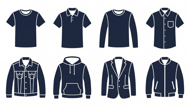 a set of eight dark blue mens clothing top vector icons on a white background