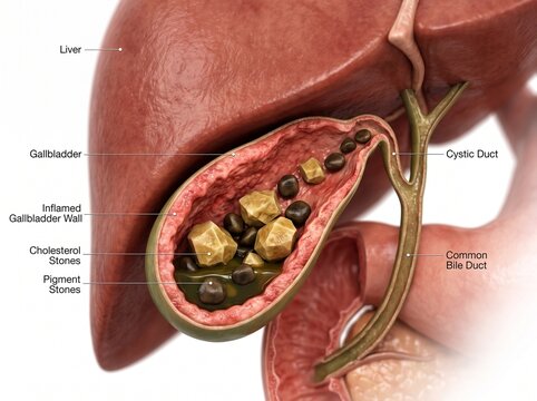 medical illustration of human gallstones inside the gallbladder