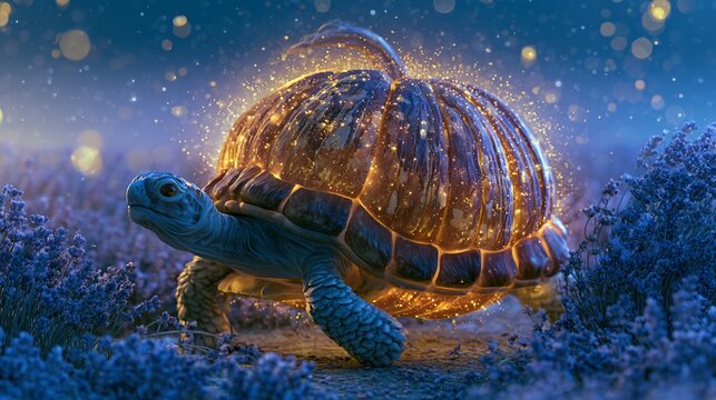 wise turtle with glowing pumpkin shell walking through field of lavender under starlit sky, twilight enhances seasonal mood